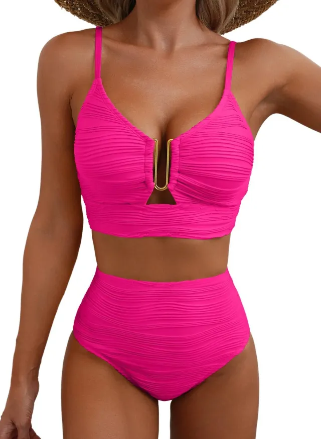Bikini V neck Hollow Swimsuit High Waist Women Rose - Shop at LoveMi