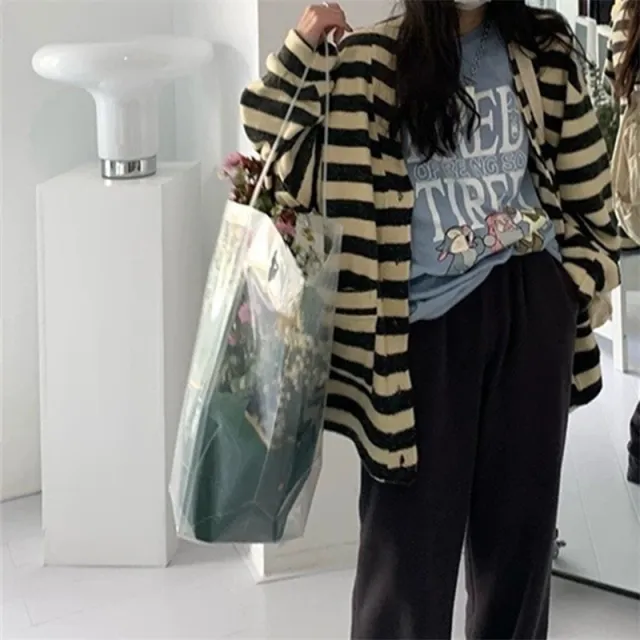 Striped Fashion Knitted Cardigan Jacket Apricot - Shop at LoveMi