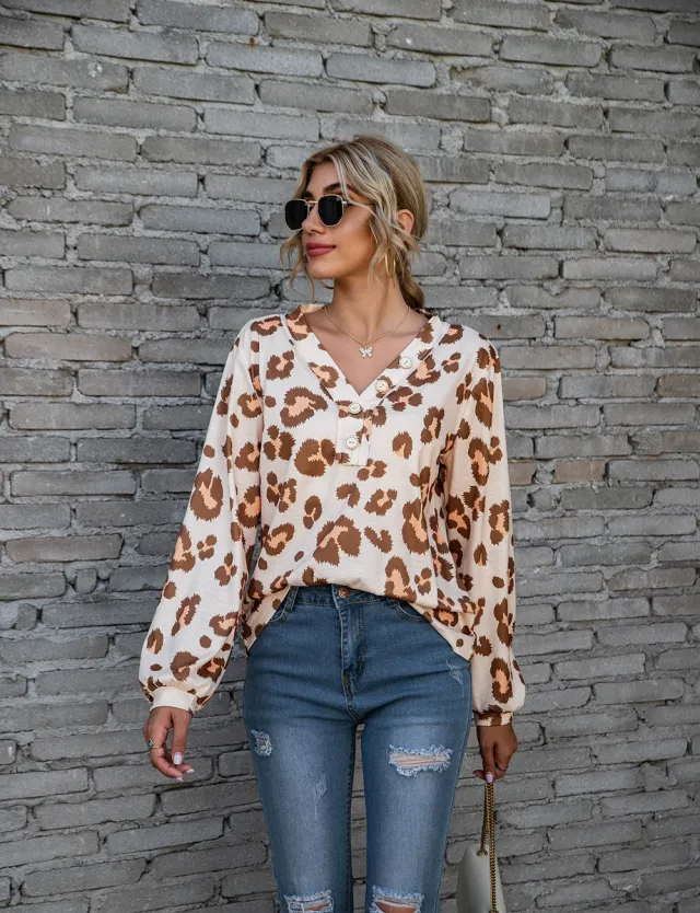 Leopard Print V neck T shirt Fashion Loose Long Sleeve Tops For Women Clothing Leopard - Shop at LoveMi