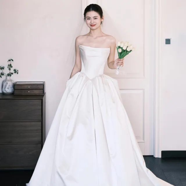 Vintage Light Wedding Dress Tube Top Satin High end Bridal White Dress White - Shop at LoveMi