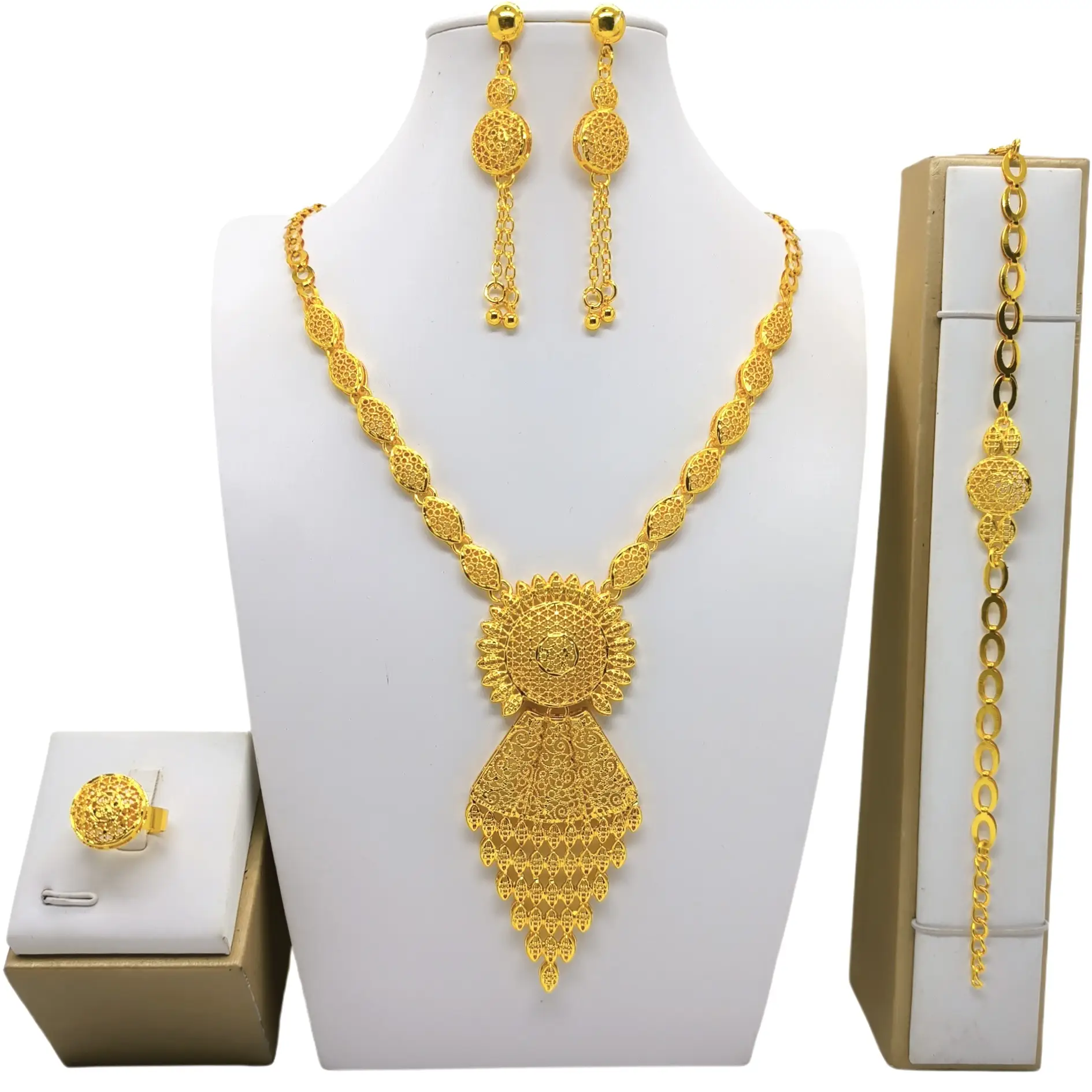 Saudi Arabia 24k Gold Accessories African Bridal Necklace Earring Ring Bracelet Suit