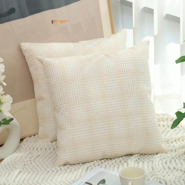 Plaid Linen Pillow Simple Cushion Cover Plain Light Luxury Sofa Cushion Beige - Shop at LoveMi