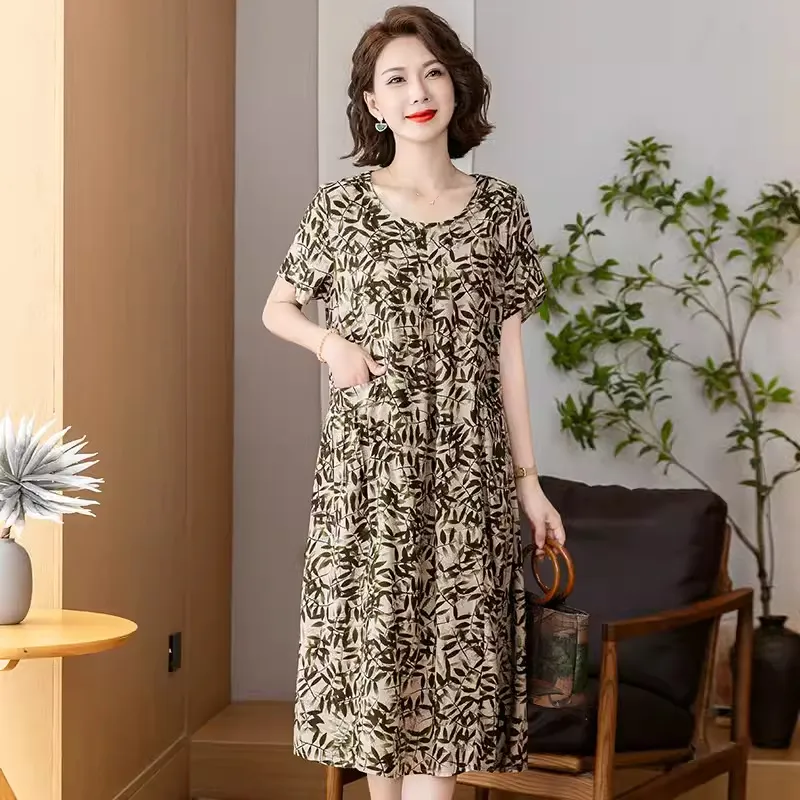 Middle-aged And Elderly Women's Cotton Silk Printing Maxi Dress - No 50-3Xl