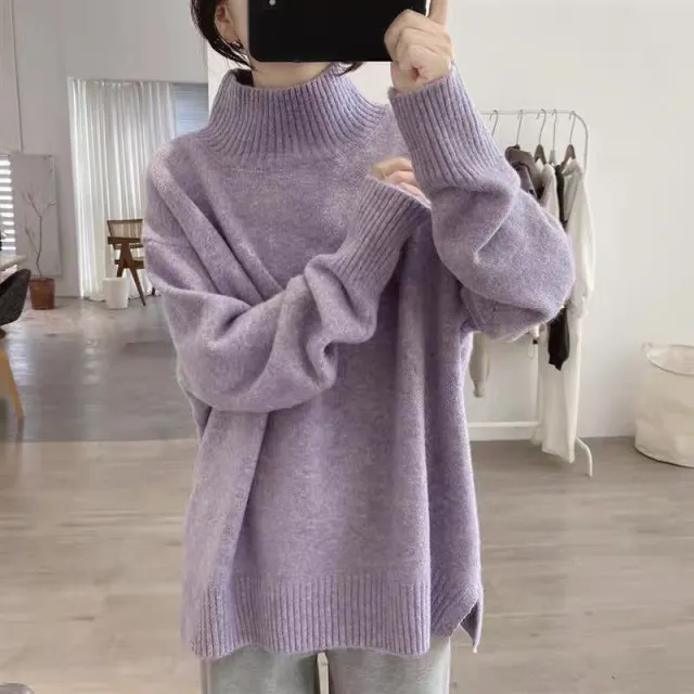 Solid Color Loose High Collar Thickened Sweater Purple - Shop at LoveMi