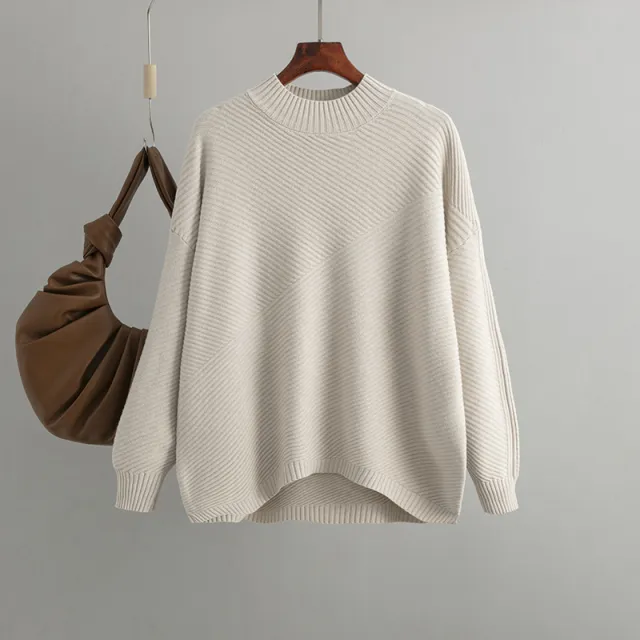 Retro Loose Oversized Long Sleeves Top Solid Color Pullover Sweater Apricot - Shop at LoveMi