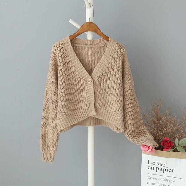 New Autumn And Winter Clothes Baggy Coat Soft Thick Thread Short Cardigan Sweater For Women Camel - Shop at LoveMi