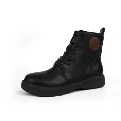 Women's Short Lace-up Flat Ankle Boots - Black - View 1