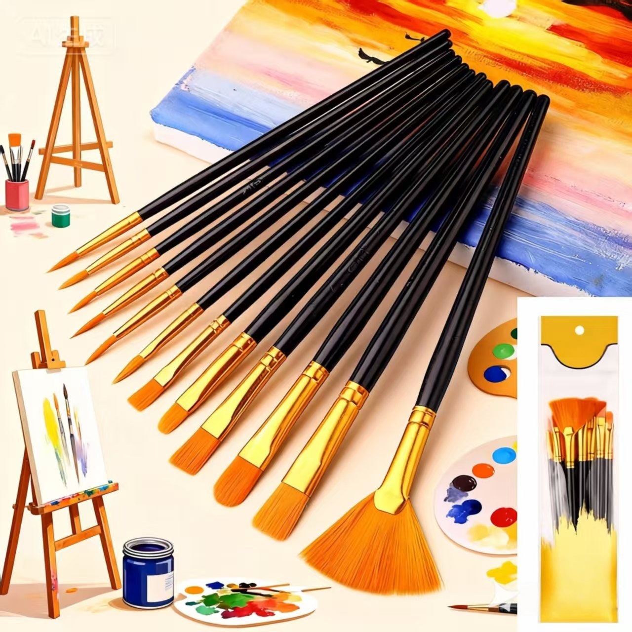 Nylon-hair Gouache And Oil Painting Brush Set With Plastic Handles