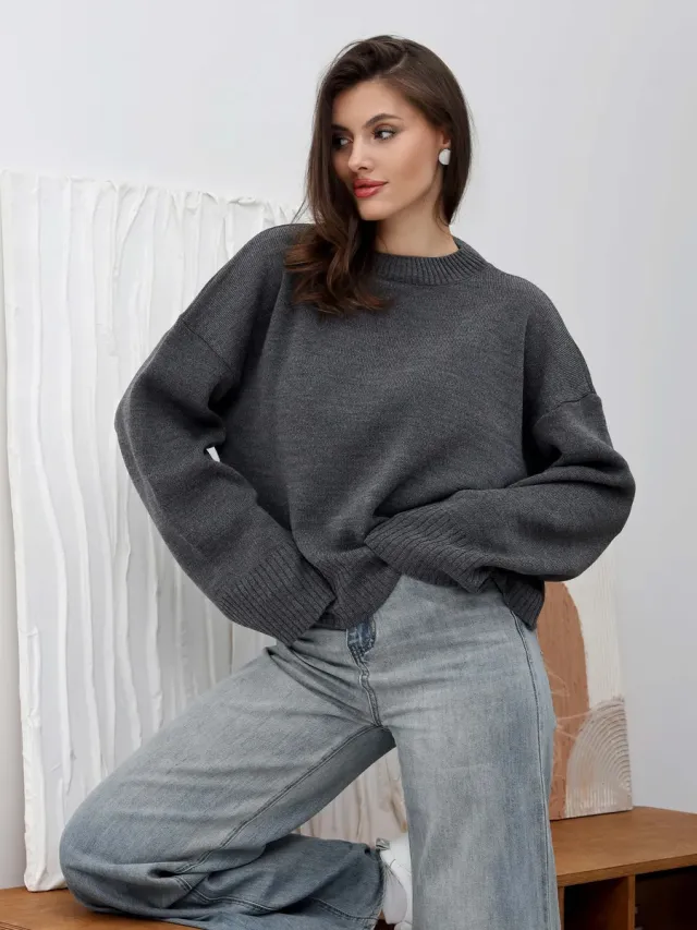 Round Neck Pullover Loose fitting Solid Color Long Sleeves All match Sweater Dark Gray - Shop at LoveMi