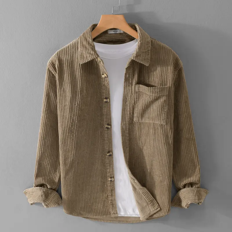 Winter Corduroy Shirt with Pocket Fashion Lapel Button Long