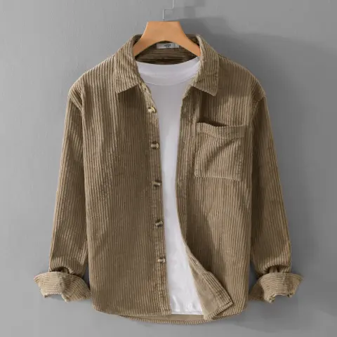 Winter Corduroy Shirt with Pocket Fashion Lapel Button Long