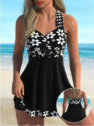 Printed Halter Spaghetti Straps Sexy Bikini Split Lace-up Hot Spring