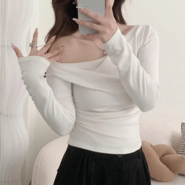 One shoulder Cold shoulder Long sleeved T shirt Women's Early Autumn Off shoulder Top White - Shop at LoveMi