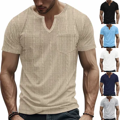 Men's Artificial Linen Bamboo Loose Casual Breathable V-neck Solid Color Short Sleeve