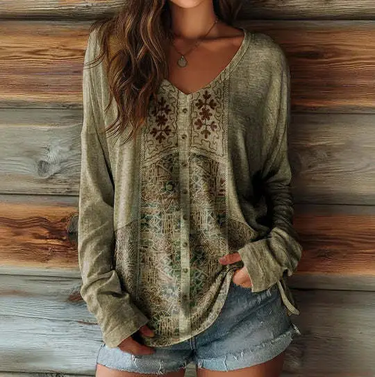 Women's Loose And Stylish Long Sleeves T shirt Mild Luxury Retro Picture Wb21Ry250924Y011 - Shop at LoveMi