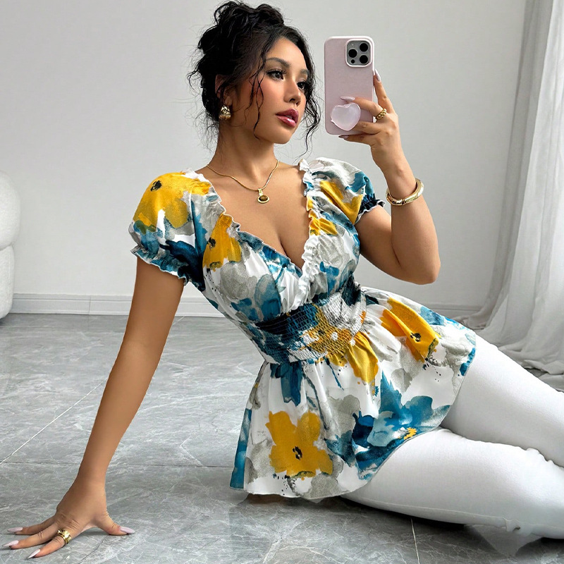 Vacation Deep V-neck Shirt Tie-dye Slim Fit Lady