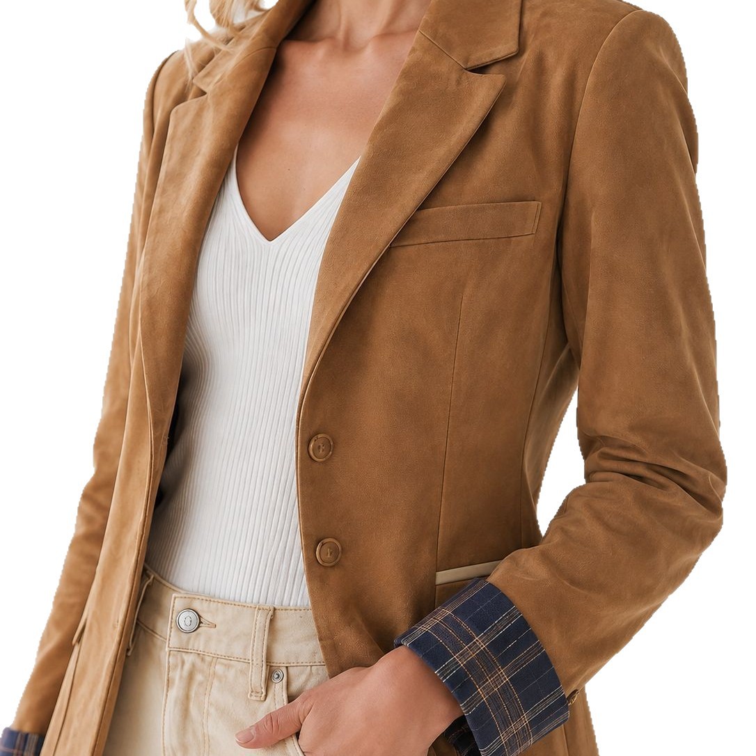 Vintage Suede-Effect Suit Jacket With Long Sleeves For Women