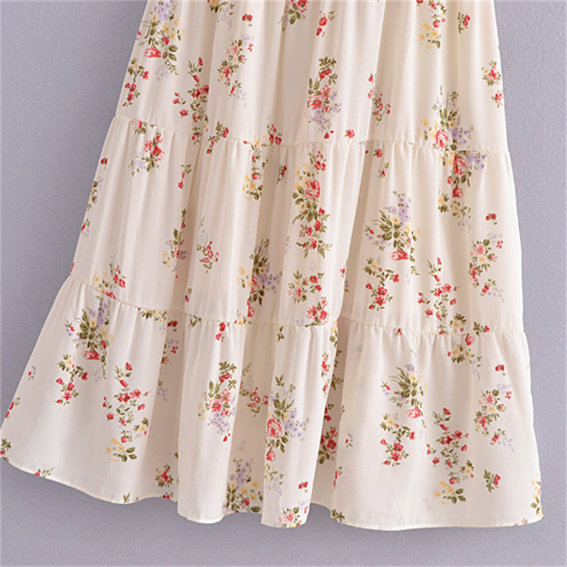 Women's French Style Vintage Small Floral Printed High Waist Slim Fit Slimming Suspenders Dress