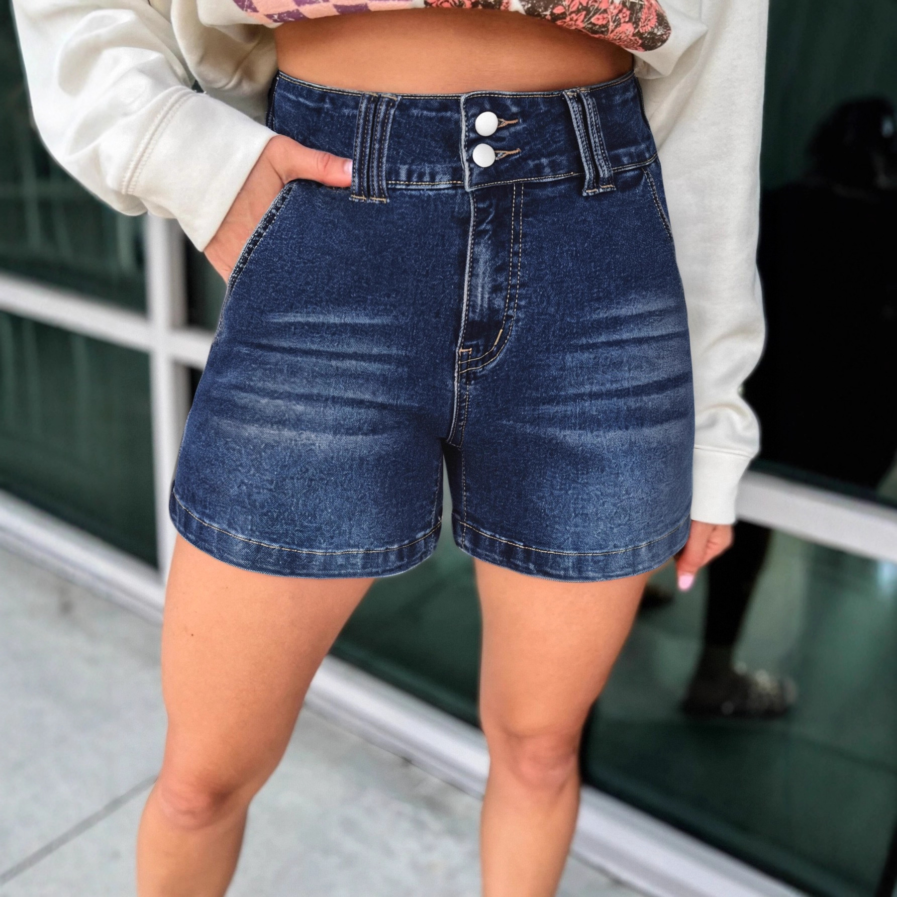 Womens Retro Deep-Blue Low-Waist Denim Shorts In American Style