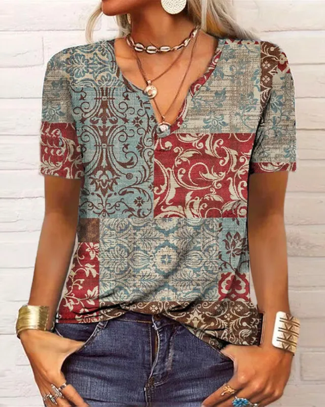 Loose Long Sleeve Floral V neck T shirt Bottoming Shirt Women's Clothing Pattern I Short Sleeve - Shop at LoveMi