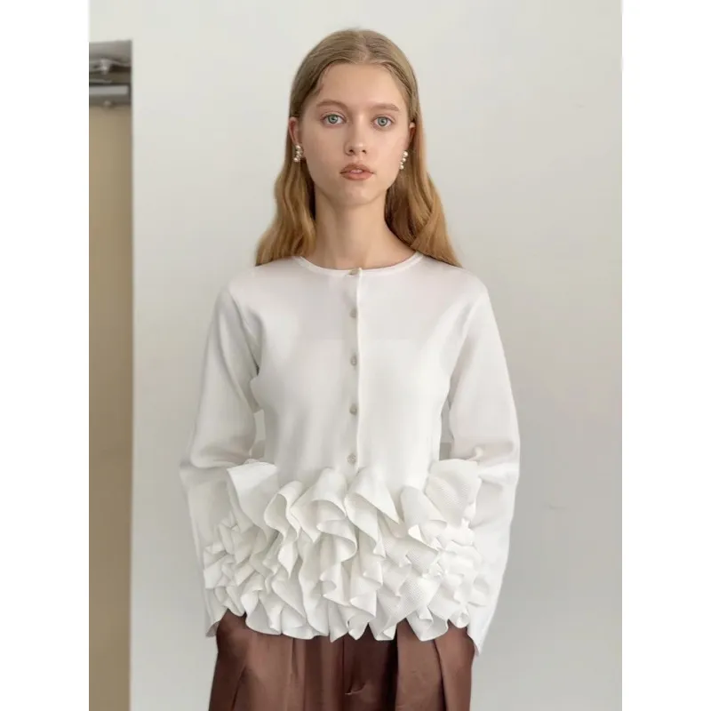 Lace-trimmed Japanese-style Rakuten Slimming Heavy-knit Top - White