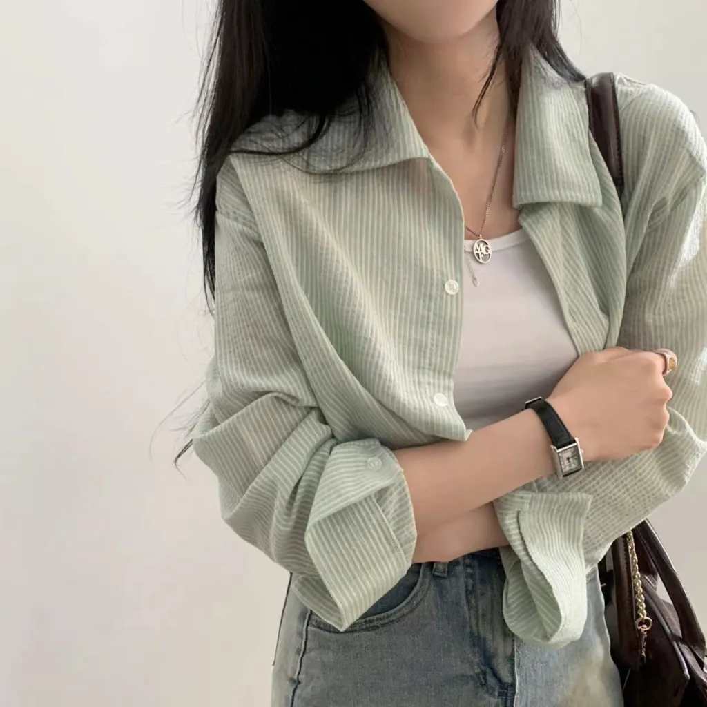 Striped Shirt Women's Long Sleeve Sun Protection Shirt - Green