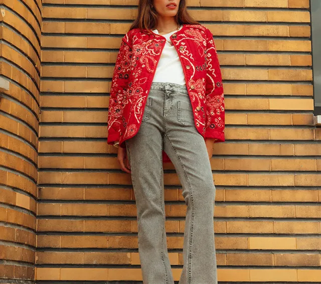 Pattern Print Cotton padded Long Sleeve Short Jacket Red - Shop at LoveMi