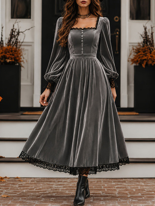 Square-neck Lace-panel Velvet Dress — foto 2