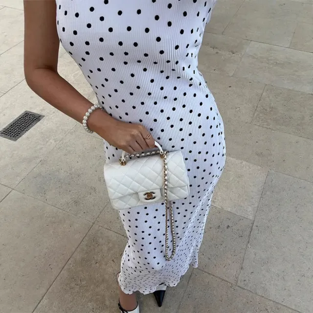 Elegant Vintage Long Dress With A Mock Neck And A Figure flattering Waistline Polka Dot M - Shop at LoveMi
