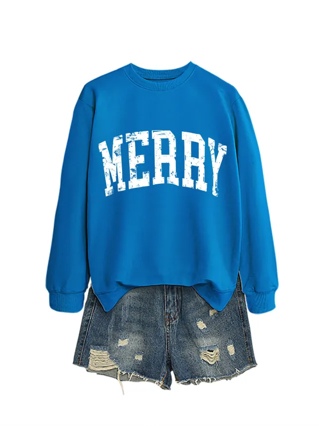 Casual Women's MERRY Letter Print Sweatshirt Lake Blue - Shop at LoveMi