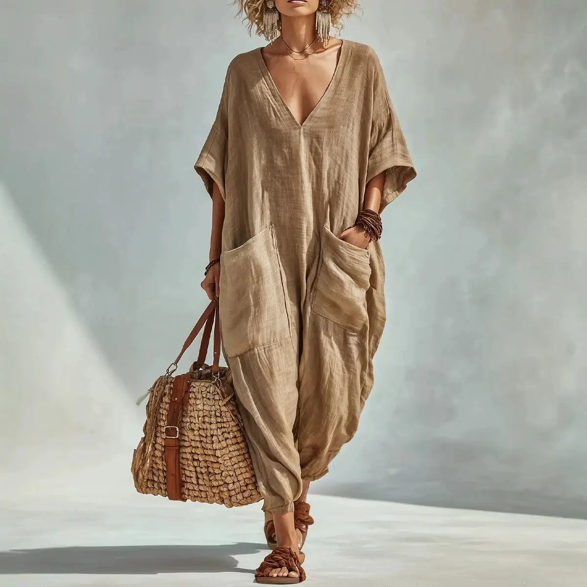 Womens Linen-Style Jumpsuit With V-Neck And Large Pockets