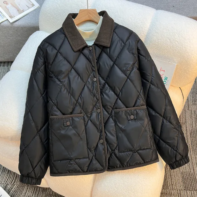 Diamond patterned Cotton Short Loose Stylish Versatile Cotton Jacket Black - Shop at LoveMi