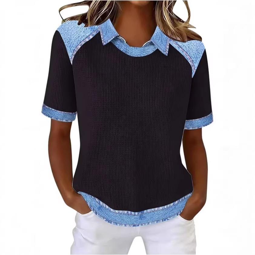 Denim Patchwork Crew Neck Short-sleeve Loose Casual Everyday Versatile