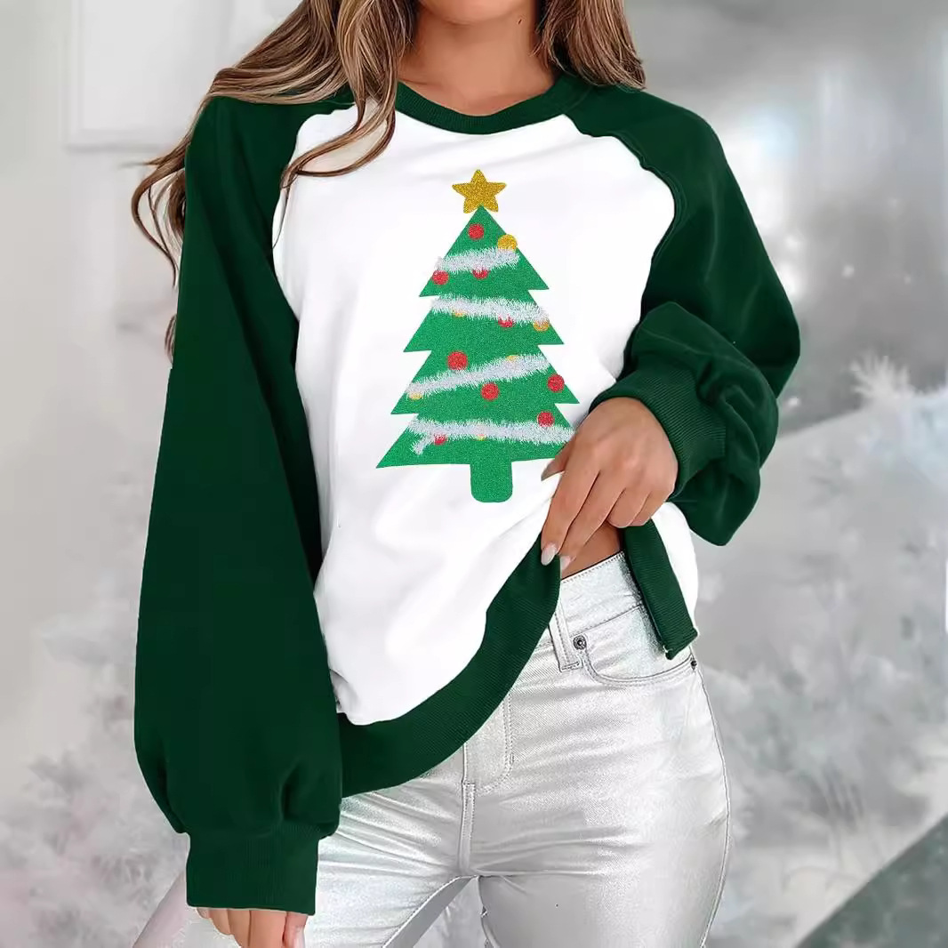 Women's Loose Fashion Round Neck Raglan Sweater European And American Christmas Digital Printing