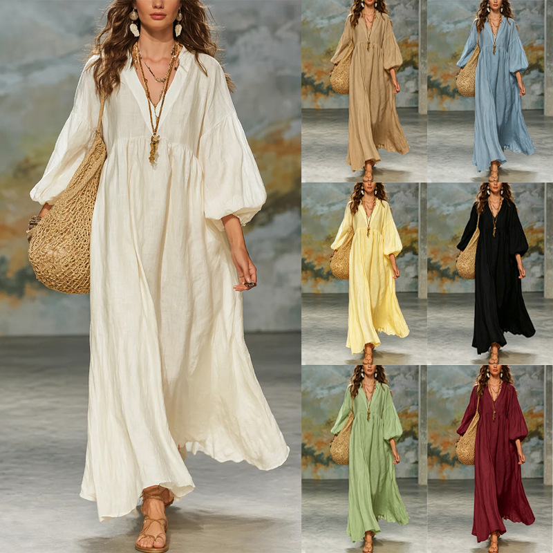 Deep-V Lantern-sleeve Loose-fit Flared Dress