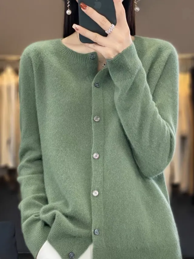 Fashion Merino Wool Cardigan Sweater Women O Neck Long sleeve Cashmere Knitwear Spring Autumn Female Clothing Tops Pine Green - Shop at LoveMi