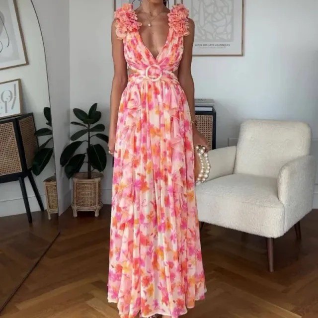 Autumn European And American Fashion Casual Home Floral Backless Dress Women Orange Red - Shop at LoveMi