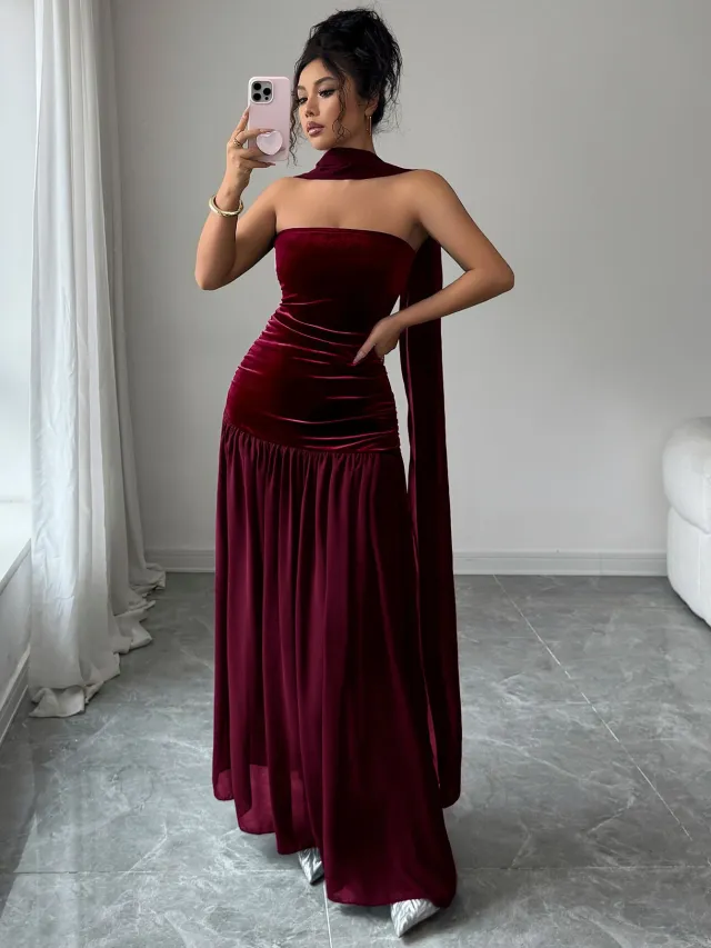 Elegant Strapless Patchwork Dress For Women Wine Red - Shop at LoveMi