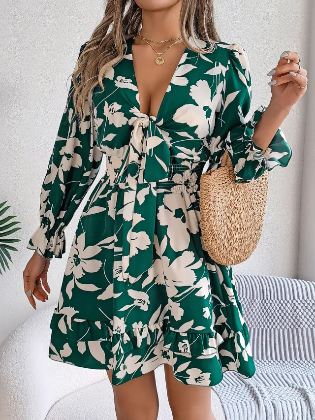 Women's Casual Flower Half Sleeve Ruffled A line Dress Green - Shop at LoveMi