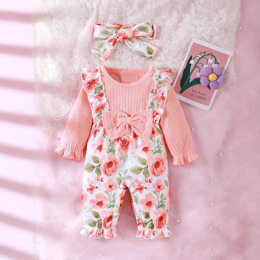 Solid-color Floral Print Long-leg Romper