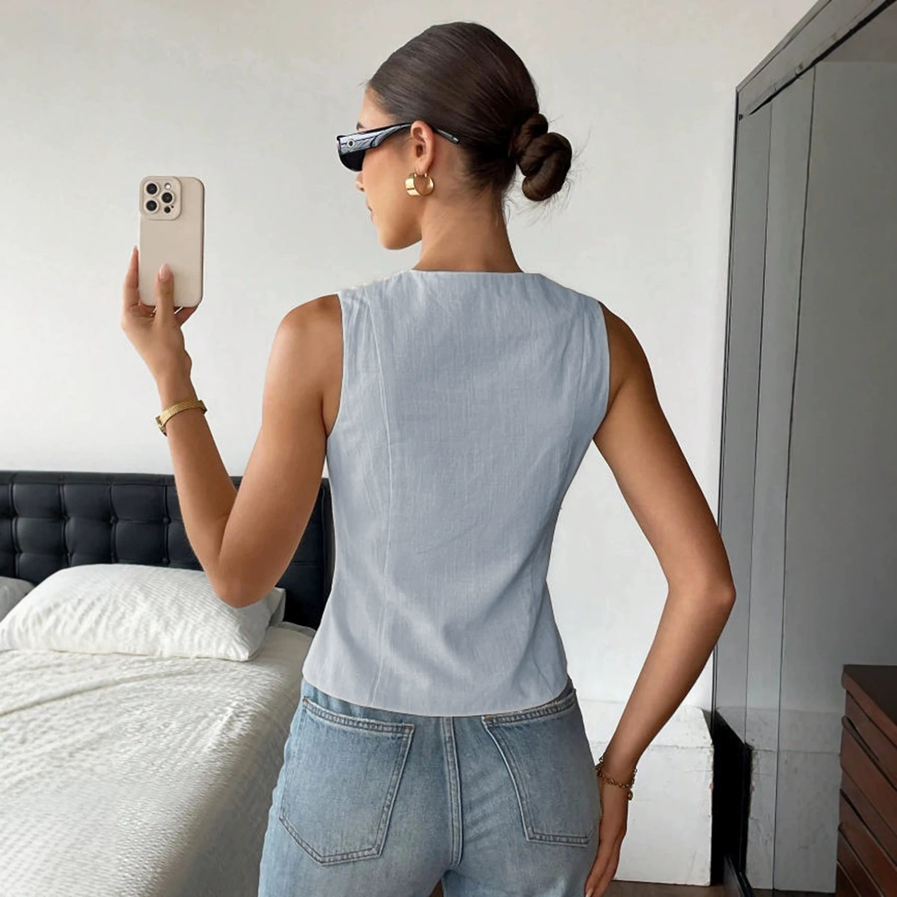 Simple And Stylish Solid-color Button-front Casual Vest Top