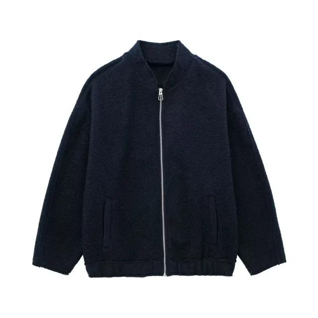 Autumn Minimalist Stand Collar Bead Leather Zip up Shirt Navy Blue Hh965264Yt - Shop at LoveMi