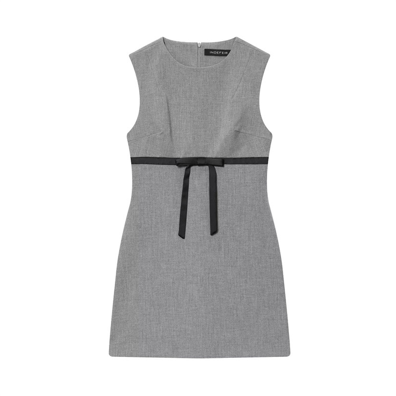 Female Casual Versatile Bow trimmed Satin Short Dress Gray Grey - Shop at LoveMi
