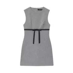 Female Casual Versatile Bow-trimmed Satin Short Dress - Gray - View 1