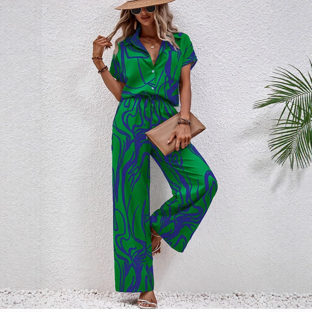 Womens Printed Short-Sleeve Shirt And Casual Pants Set