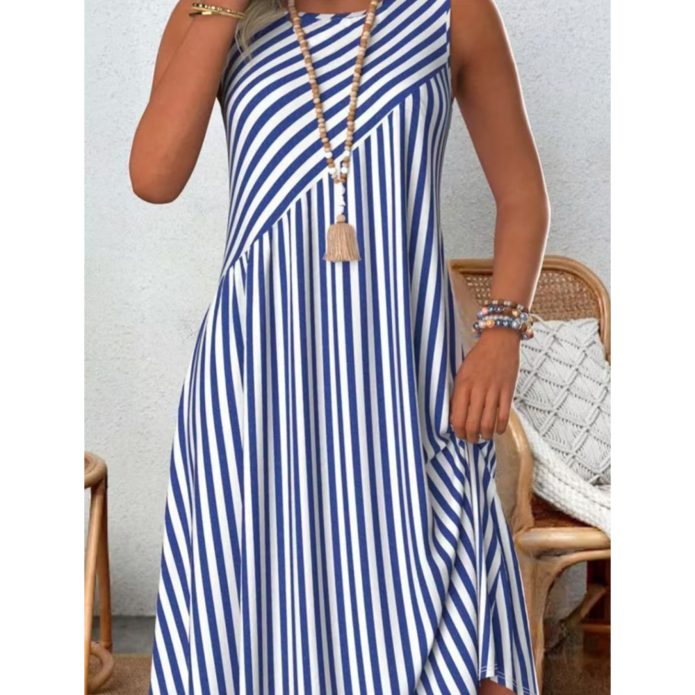 Printed Loose Vacation Casual Sleeveless Vest Skirt Blue And White Stripes - Shop at LoveMi