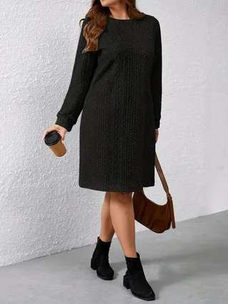 Autumn And Winter Solid Color Casual Knitted Long sleeved Dress Black - Shop at LoveMi