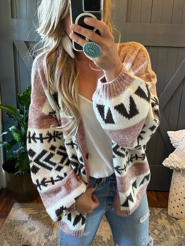 Loose And Lazy Style Jacquard Contrast Color Outerwear Knitted Cardigan Sweater Pink - Shop at LoveMi