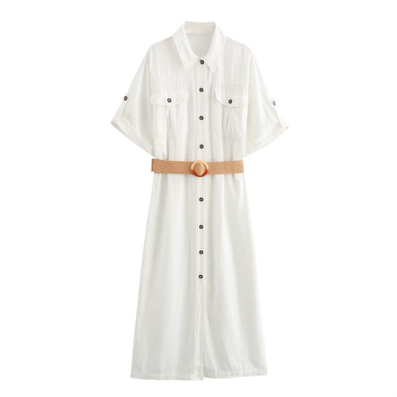 Cotton And Linen With Belt Midi Skirt Workwear Shirt Dress White - Shop at LoveMi