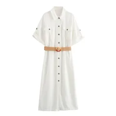 Cotton And Linen With Belt Midi Skirt Workwear Shirt Dress - White - View 1